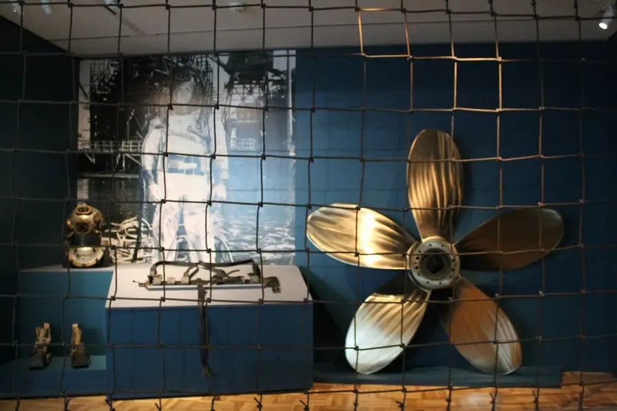 This submarine propellor was made in Oakland in the 1940s. During World War II, the U.S. Navy installed a seven-mile-long net across the Golden Gate to keep out enemy submarines. Image courtesy of Oakland Museum of California.
