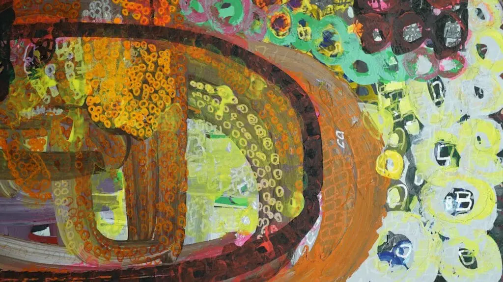 Painting with red, green, yellow, white circles