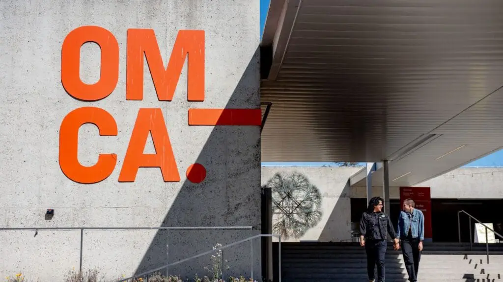 Two people on the OMCA Architecture Walk and Talk.