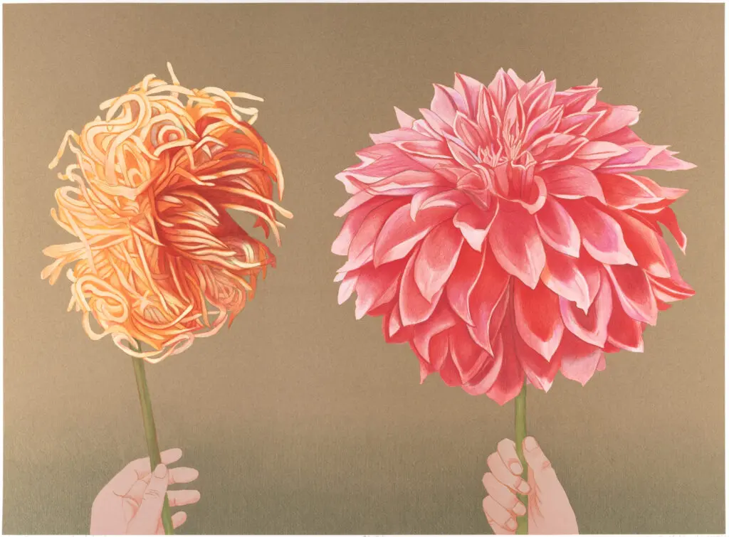 Print depicts two large dahlia flowers being held by hands. The dahlia on the left is a bright orange with a darker orange center. The dahlia on the right is a bright pink. The background behind is a light brown that fades to a darker brown near the bottom.
