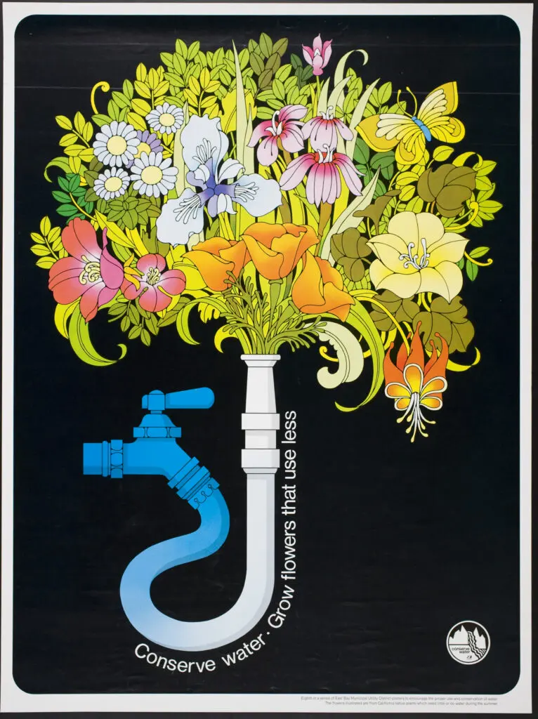 Poster Poster has an unprinted white border all around enclosing a black background with a stylized color image of a bouquet of colorful flowers emerging from a pipe that snakes from a blue faucet. Following the curve of the pipe is "conserve water. grow flowers that use less" in white. At the bottom right corner is the EBMUD Conserve Water logo.
