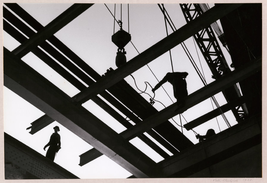 Peter Stackpole, I Beam Silhouette, 1935. Gelatin silver print, 8 x 11.75 in. Collection of the Oakland Museum of California, Oakland Museum of California Founders Fund.