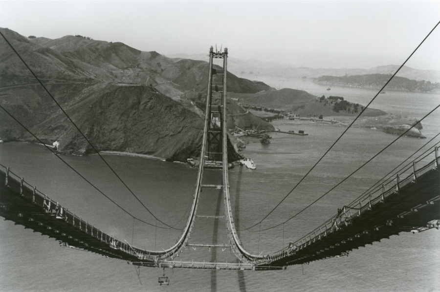 Peter Stackpole, Catwalk and Marin Tower, 1936. Gelatin silver print, 6.25 x 9.375 in. Collection of the Oakland Museum of California, Oakland Museum of California Founders Fund.