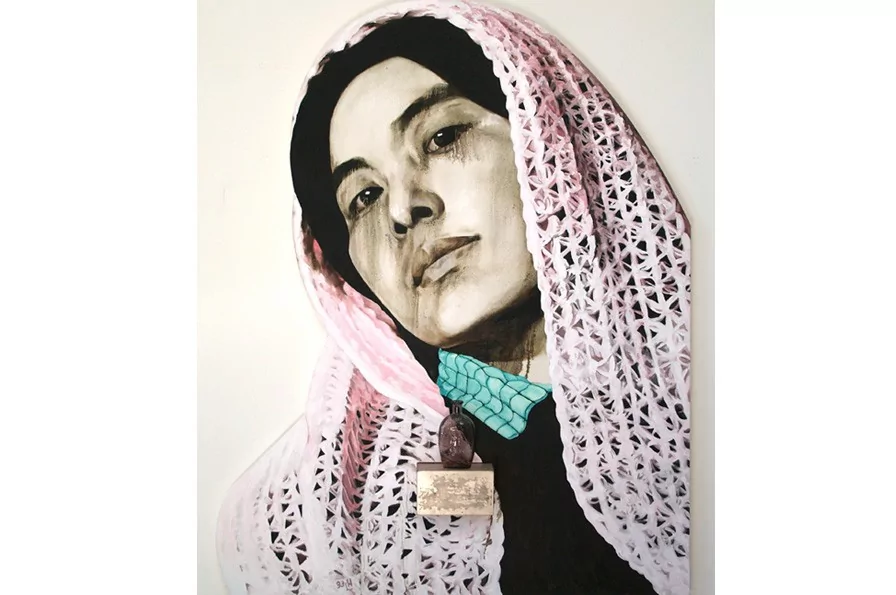Daughter of the Revolution, 1993. Oil on canvas, wood, antique bottle. 78 1⁄2 x 62 x 5 1⁄2 inches (199.4 x 157.5 x 14 cm). Collection of Hung Liu and Jeff Kelley.