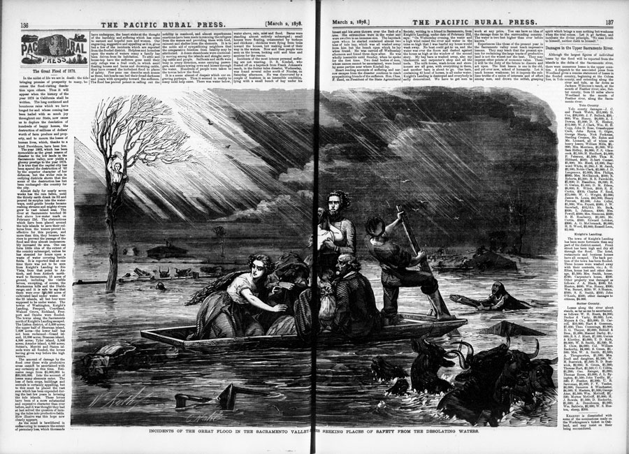 Incidents of the Great Flood in the Sacramento Valley… Seeking Places of Safety from the Desolating Waters in Pacific Rural Press, March 2, 1878. Etching. 