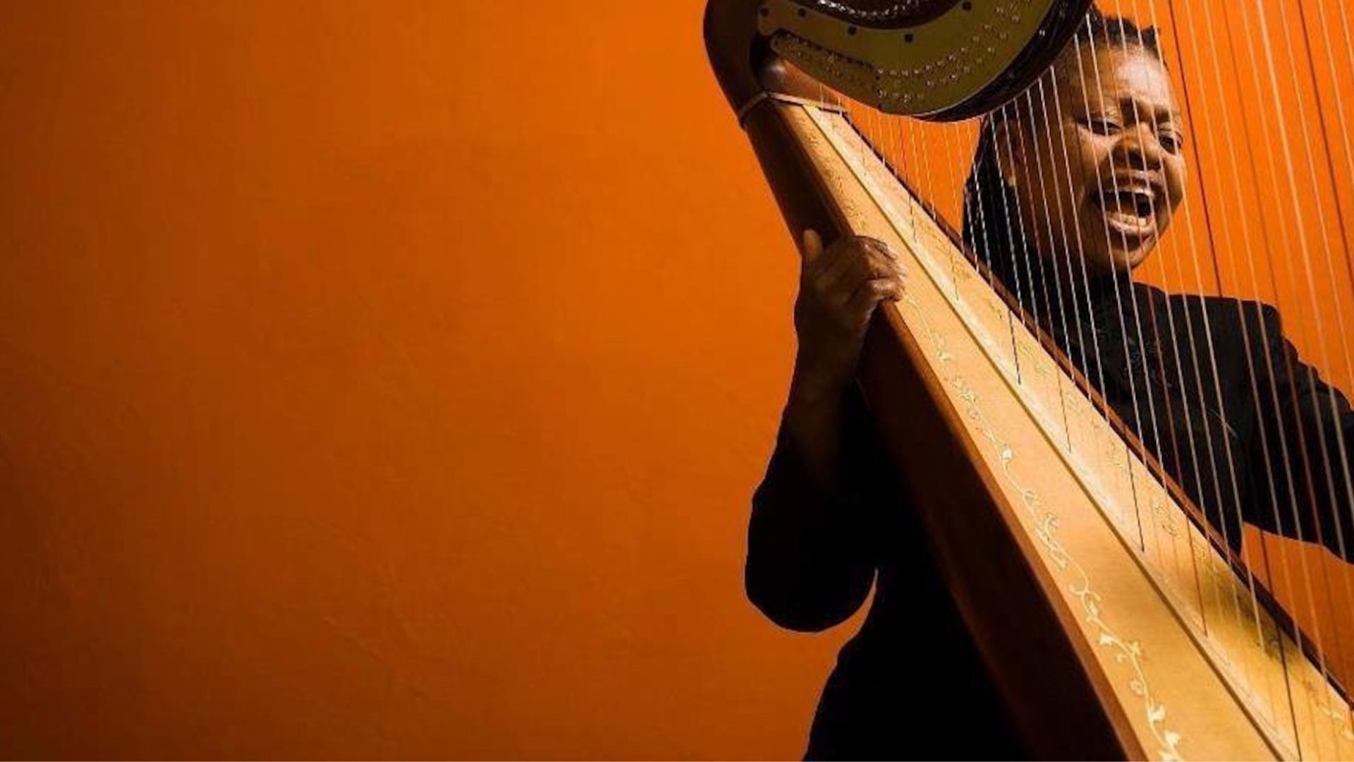 Harp player on an orange background from Destiny Muhammad Jazz Trio