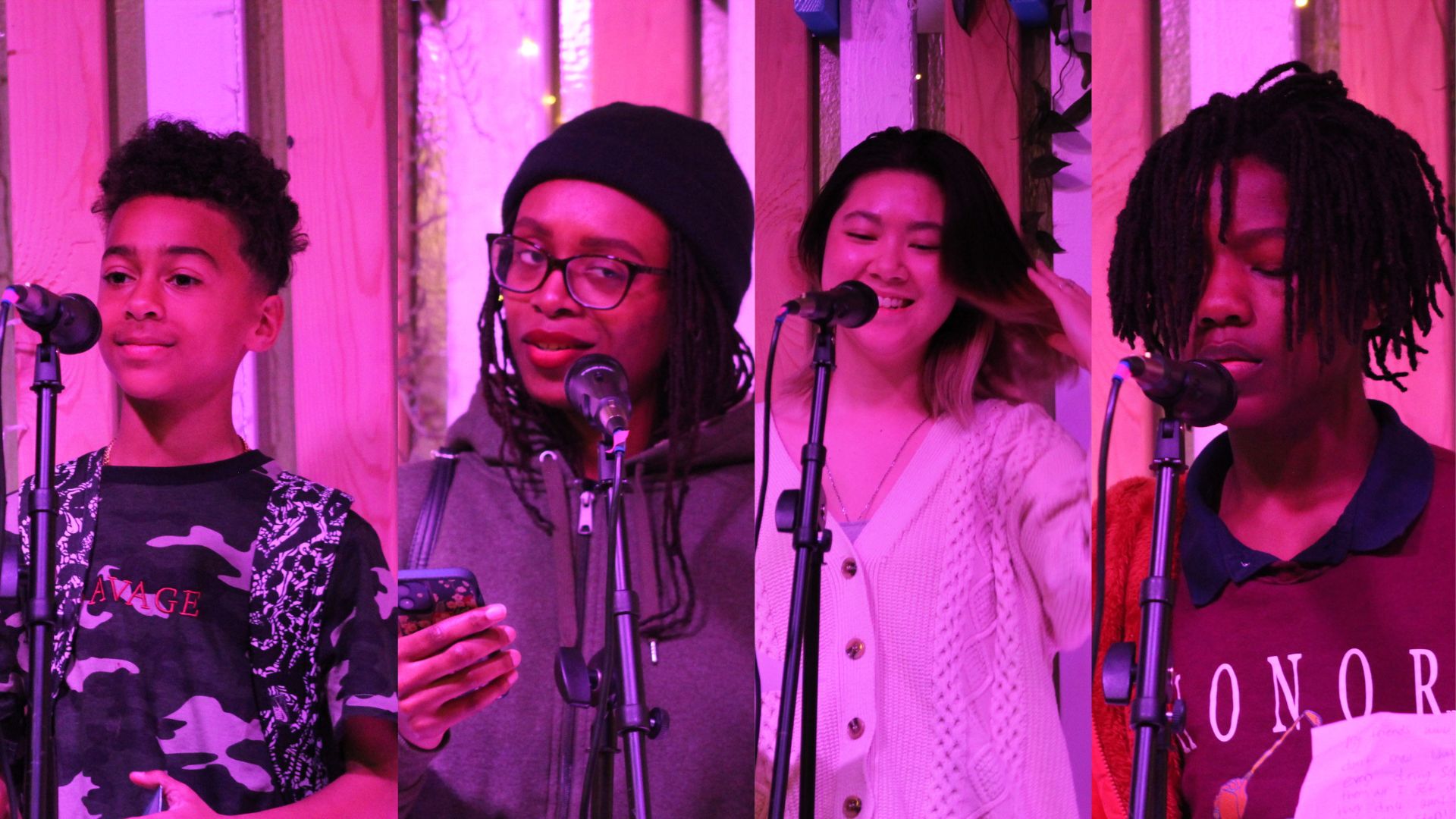 Four youth speakers on a bright pink backdrop