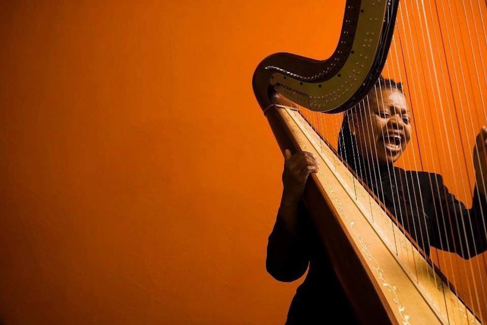 Destiny Muhammad playing harp on an orange background