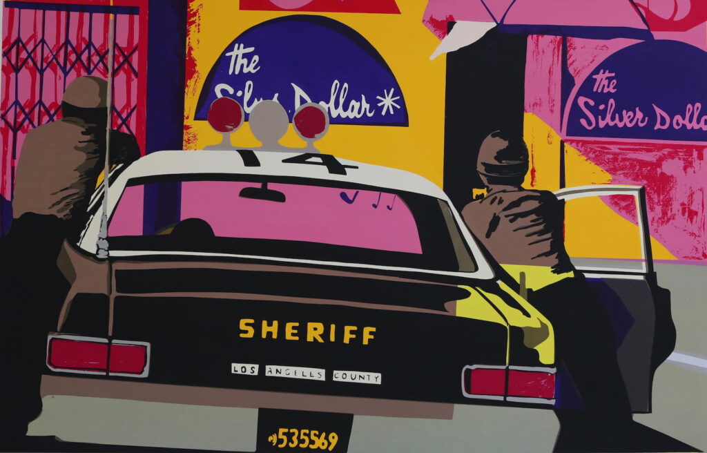 Image of serigraph on paper art with Los Angeles County sheriff car, officers on either side, in front of The Silver Dollar