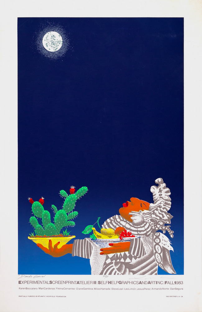 Image of serigraph on paper art, deep blue background with a full moon at the top and a figure, holding a bright green cactus, face up towards the moon