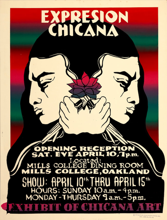 Image of serigraph on paper, with a two-sided figure, and the words Expresion Chicana above, and below the details for an exhibit of Chicana art at Mills College