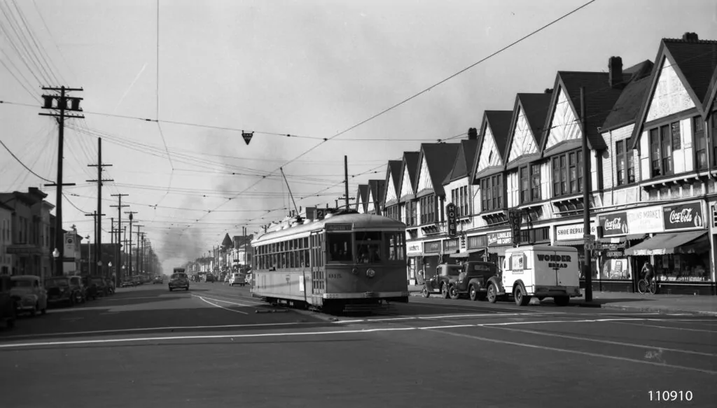 Untitled (Key system care running through Seventh Street) 1948Reproduction Courtesy of Western Railway Museum